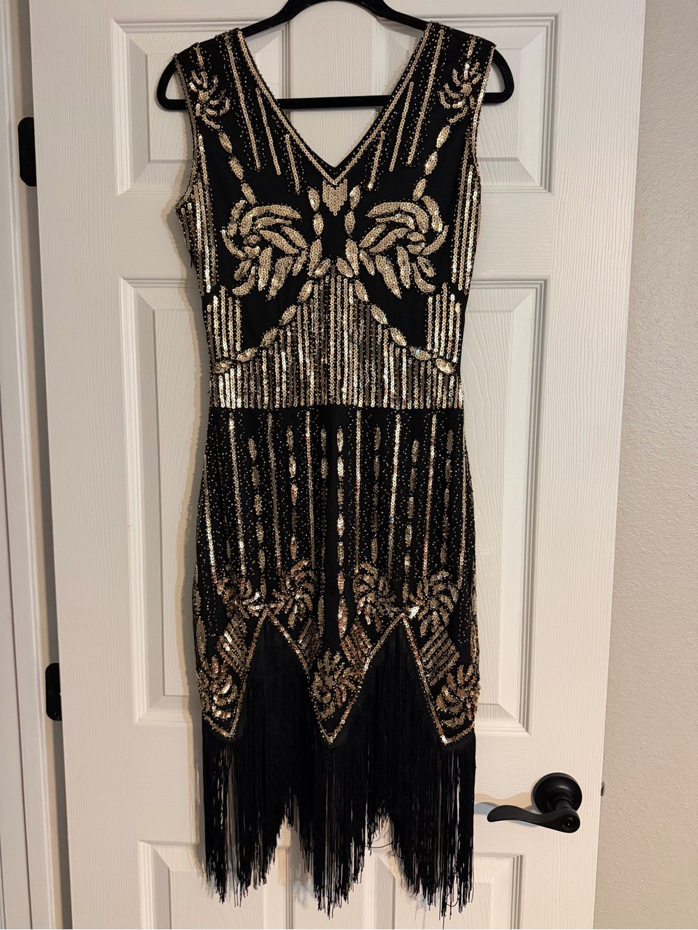 Black & Gold Beaded Fringe V-Neck Dress